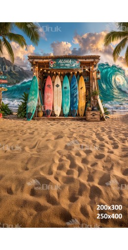 Tło fotograficzne „Aloha surf shack z deskami i falą oceanu” | 4055